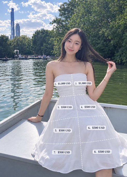 A woman in a white strapless dress sitting on a boat, with her dress overlaid with eight numbered labels indicating different USD amounts, mostly $500 USD.