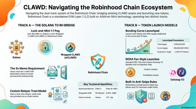 An infographic titled 'CLAWD: Navigating the Robinhood Chain Ecosystem' explaining the dual-track system with Track A (Solana to RH Bridge) featuring Lock-and-Mint and The Ox Memo Requirement, and Track B (Token Launch Models) including Bonding Curve Launchpad and NOXA Fun-Style Launches.