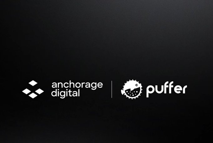 The image displays the logos of "Anchorage Digital" and "Puffer" side by side against a dark background, representing a partnership between a regulated institutional crypto custody platform and a liquid restaking protocol. This pairing visually reinforces the post's emphasis on asset custody and settlement as the critical infrastructure enabling large-scale institutional entry into on-chain ecosystems.