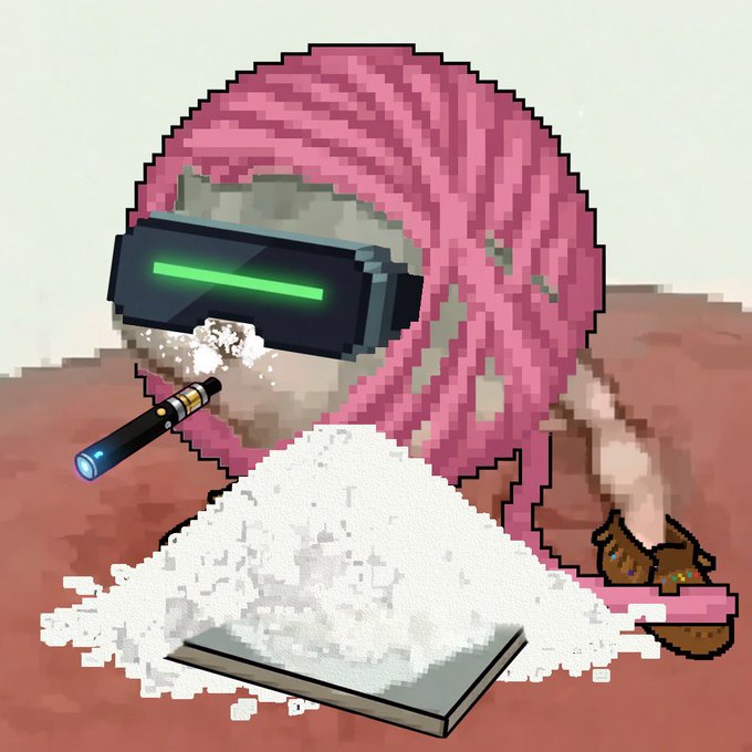 A pixel art illustration of a character wearing a pink hood and a futuristic VR headset with a green visor, smoking a cigarette while a pile of white powder sits on a digital scale.