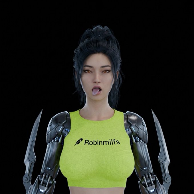 A 3D-rendered woman with mechanical blade arms sticking her tongue out, wearing a yellow crop top with 'Robinmilfs' and a feather logo.