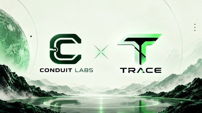 A green-themed collaboration announcement graphic featuring the logos of 'CONDUIT LABS' and 'TRACE' separated by an 'X' symbol, set against a misty mountain and lake landscape with a planet visible.