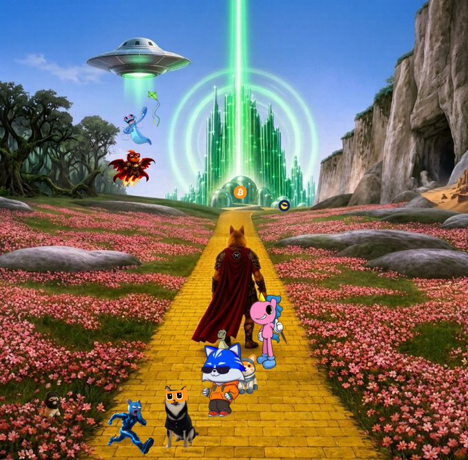 A hooded fox leads a whimsical procession of cartoon characters—including a blue dragon, a cat, a howling figure, and a UFO—down a yellow brick road toward a glowing green Emerald City. The Oz-inspired imagery satirizes crypto as a journey of mystery and hidden motives, paralleling the post's suspicion that $LUNC promotion is a coordinated scheme waiting to be revealed.