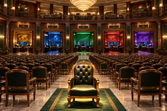 An opulent hall with rows of empty chairs facing a single ornate throne-like chair, with multiple screens displaying colored visuals in the background and an 'AMBIENCE' watermark in the top right.
