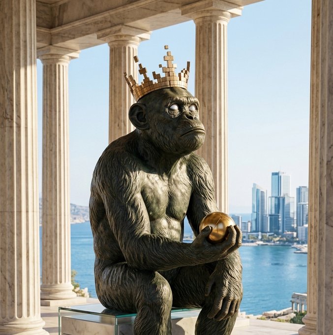 A bronze statue of a contemplative monkey wearing a pixelated gold crown and holding a golden orb, situated among classical columns with a coastal city skyline in the background.