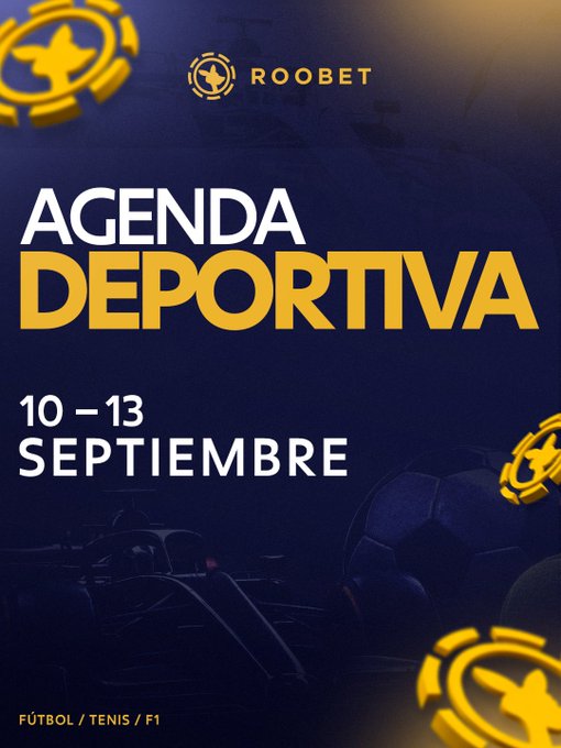 A promotional graphic for ROOBET titled "AGENDA DEPORTIVA 10-13 SEPTIEMBRE" featuring categories FÚTBOL / TENIS / F1.