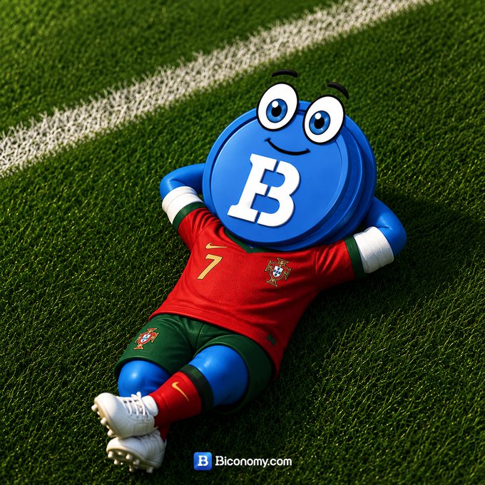 The image features a blue soccer ball with the letters "B" and "E" printed on it, sitting on top of a green field. The soccer ball has a cartoon face and is wearing a red and green soccer uniform. Below the soccer ball, there are two lines drawn in white paint on the grassy surface, which appear to be part of an advertisement or promotional material for a cryptocurrency called Bitcoin.