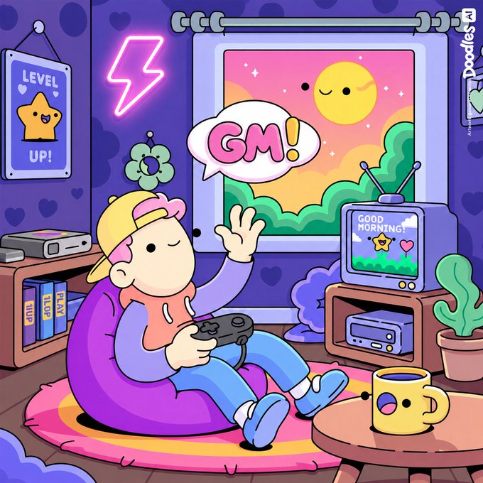 A colorful cartoon-style illustration of a character in a yellow cap sitting on a purple beanbag playing video games, saying 'GM!' with a 'GOOD MORNING!' TV screen and a 'LEVEL UP!' star poster in a cozy purple-themed room.