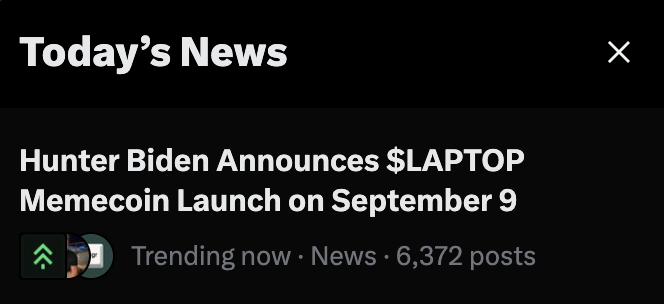 A news headline announces "Hunter Biden Announces $LAPTOP Memecoin Launch on September 9," currently trending with 6,372 posts, reflecting community frustration that another celebrity token launch will disrupt an anticipated market rally and risk another rug pull similar to those seen with Trump family coins.