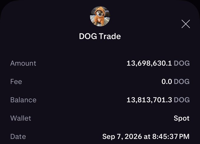 A cryptocurrency transaction screen showing 'DOG Trade' with an Amount of 13,698,630.1 DOG, Fee 0.0 DOG, Balance 13,813,701.3 DOG, on Sep 7, 2026 at 8:45:37 PM.