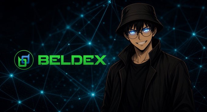 An anime-style illustration features a young man with dark hair, glasses, a bucket hat, and a black jacket standing next to the 'BELDEX' cryptocurrency logo on a glowing blue network background.
