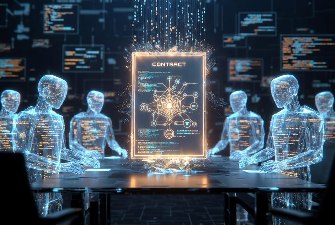 The image depicts glowing, translucent humanoid AI figures seated around a conference table, with a holographic document labeled "CONTRACT" floating at the center—symbolizing the pressing need for dispute resolution frameworks in autonomous AI transactions. It visually reinforces the post's argument that as AI agents increasingly handle massive financial transactions, the Web3 community must address how self-executing code will manage conflicts.