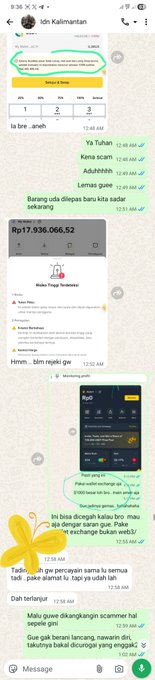A WhatsApp chat with 'Idn Kalimantan' shows a green confirmation of a bank transfer for 'Rp17.936.066,52', followed by a conversation about sending a gift, with an attached photo of an iPhone 13 Pro box.