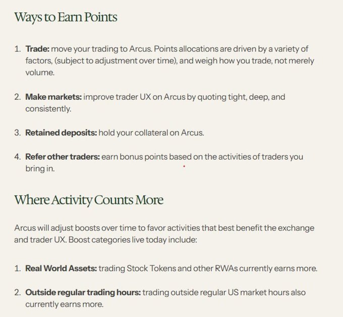 A document titled 'Ways to Earn Points' listing Trade, Make markets, Retained deposits, and Refer other traders, with a section 'Where Activity Counts More' highlighting Real World Assets and Outside regular trading hours.