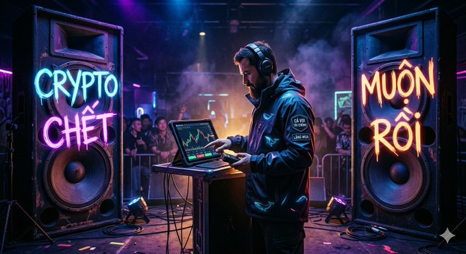 A digital artwork showing a DJ performing at a laptop setup between two large speakers; the left speaker displays neon text 'CRYPTO CHẾT' and the right displays 'MUÔN RỒI'.