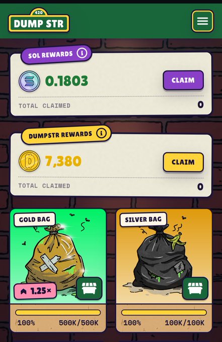 A mobile game 'DUMP STR' rewards screen showing unclaimed SOL Rewards (0.1803) and DUMPSTR Rewards (7,380), with Gold Bag and Silver Bag upgrade options at the bottom.