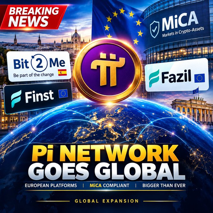 A "Breaking News" graphic announces "Pi Network Goes Global," highlighting the Pi logo alongside European platforms Bit2Me and Fazil, with badges for MiCA (Markets in Crypto-Assets) compliance and "European Platforms" expansion. The image visually reinforces the post's narrative by depicting Pi's expansion into multiple regulated European markets beyond the U.S.