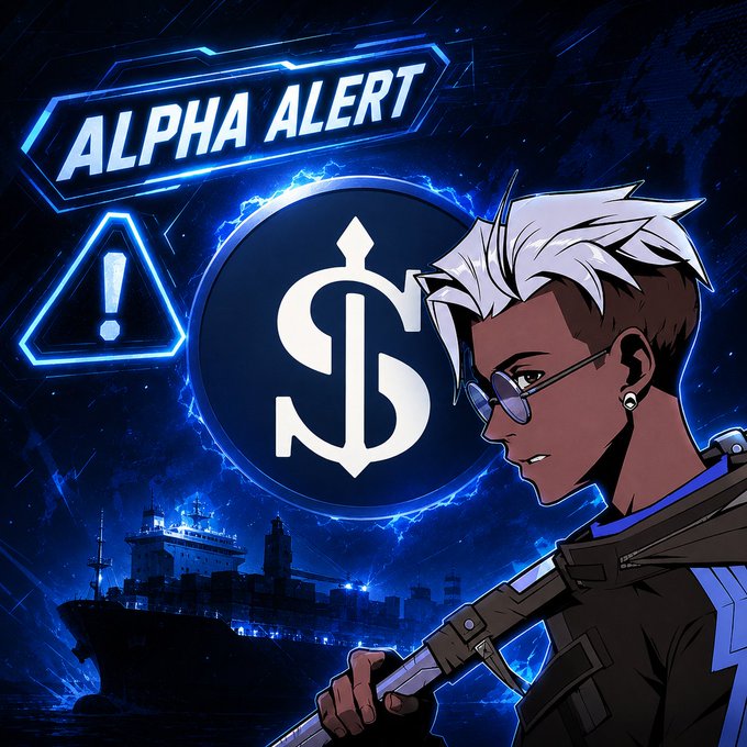 An anime-style character with white hair, sunglasses, and tactical gear holds a weapon against a dark blue background featuring a naval ship silhouette, a "JS" monogram, and bold "ALPHA ALERT" text with a warning icon, visually reinforcing the post's alert about @EthraShip's $SHIP maritime RWA protocol.