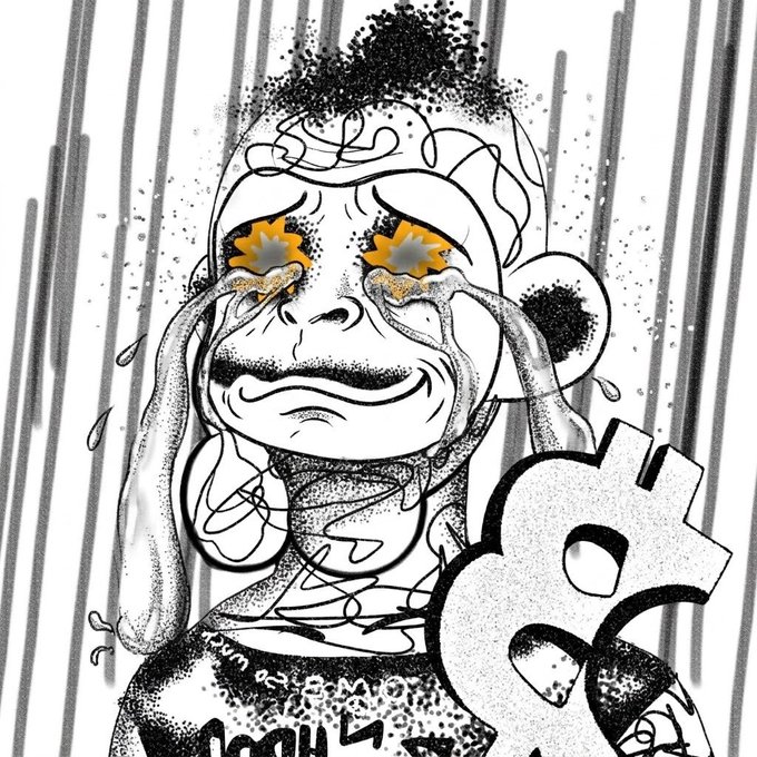 A black and white stylized illustration of a person with dark spiky hair crying streams of liquid from their glowing yellow eyes, holding their hands up to their face with a large ampersand symbol beside them.