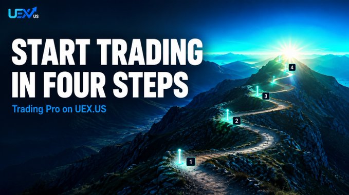 A promotional graphic for UEX.US reads 'START TRADING IN FOUR STEPS' and 'Trading Pro on UEX.US' alongside an image of a mountain path with numbered markers from 1 to 4.