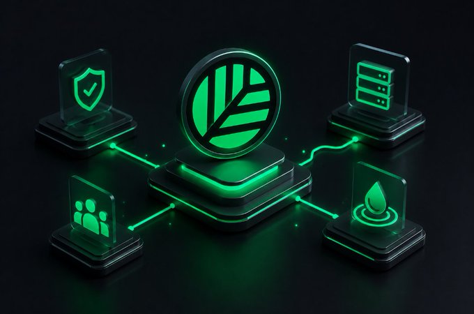 A 3D render of a central green leaf icon connected by glowing lines to four surrounding icons (shield/check, server stack, people, and water drop) on a dark background, symbolizing an eco-friendly network.