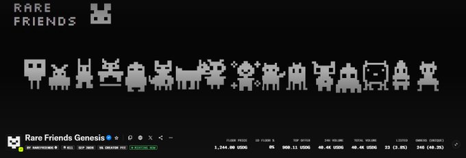 A screen showing a crypto token page titled 'RARE FRIENDS' with pixelated character icons and stats like 'FLOOR PRICE 1,244.00 USDC'.