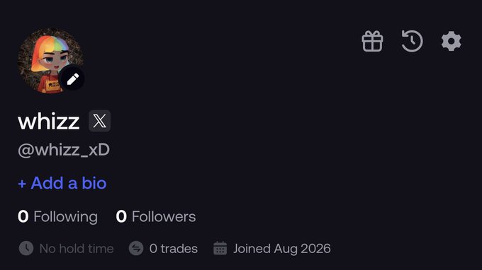 A Twitter/X profile page for user "whizz" (@whizz_xD) who joined in August 2026, showing 0 followers, 0 following, and 0 trades. The image illustrates the user's new account status, aligning with their post about recently joining FOMO and questioning which PumpFun team member will offer them $30k to leave.