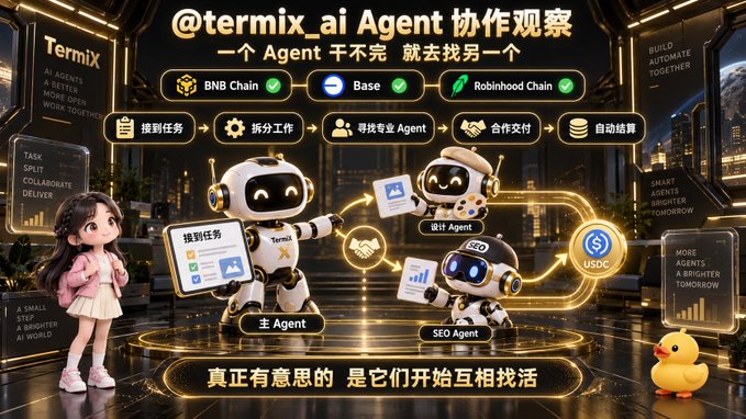 A promotional graphic for '@termix_ai Agent' depicts cartoon robots collaborating on tasks, featuring text including 'BNB Chain', 'Base', 'Robinhood Chain', and Chinese characters describing multi-agent workflow.