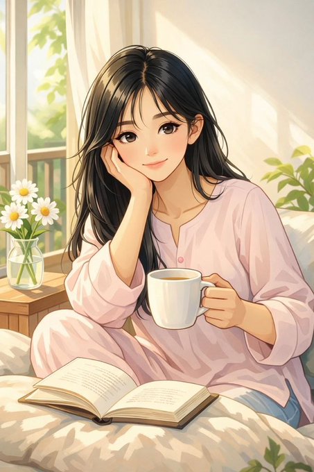 An anime-style illustration shows a girl with long dark hair in pink pajamas holding a white mug and smiling, seated on a bed with an open book and a vase of daisies beside her.