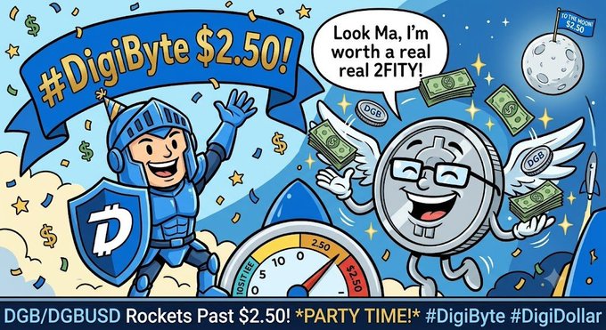 A colorful cartoon illustration celebrating DigiByte (DGB/DGBUSD) cryptocurrency surpassing $2.50, featuring a knight and a winged coin character saying 'Look Ma, I'm worth a real 2FITY!' with text 'DGB/DGBUSD Rockets Past $2.50! *PARTY TIME!* #DigiByte #DigiDollar'.