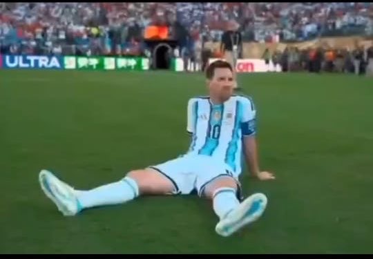 Messi (wearing Argentina's #10 jersey) celebrates a goal on the pitch during the 2022 World Cup Final, with the context playfully drawing a parallel between his iconic "Siii" goal celebration and the $SUI ticker, suggesting Spanish soccer passion in the bull market spirit.