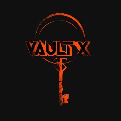 A dark logo featuring a stylized orange key design with the text 'VAULTX' prominently displayed across the middle on a black background.