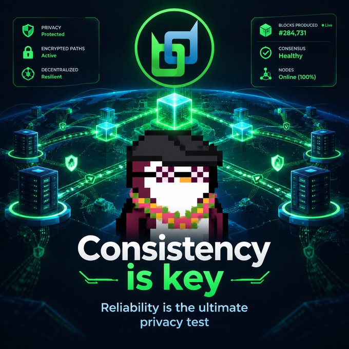 A graphic with a pixel-art penguin character displays the slogan 'Consistency is key - Reliability is the ultimate privacy test,' showing network stats like '#284,731 Blocks Produced' and 100% nodes online.