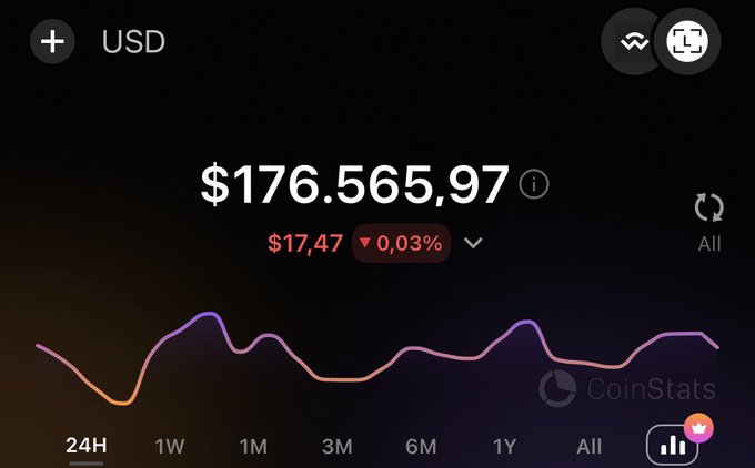 A dark-themed CoinStats mobile app screenshot displaying a USD balance of $176,565.97, showing a 24-hour decline of $17.47 (0.03%) with a 24H trend chart selected.