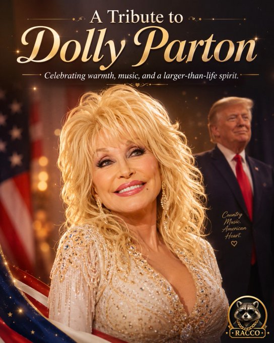 A tribute poster titled 'A Tribute to Dolly Parton - Celebrating warmth, music, and a larger-than-life spirit,' featuring Dolly Parton in a sparkling gold outfit in the foreground with Donald Trump visible behind her, alongside an American flag and a 'RACCO' raccoon logo.