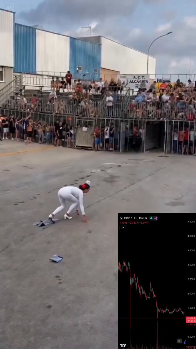 The image shows a man wearing white pants and a red hat standing outside of an arena, possibly attending a sporting event or performance. A large crowd of people surrounds him, some of whom are actively watching the spectacle. In the same scene, there is also a graph displaying the value of a cryptocurrency named "XRP" over time, indicating potential fluctuations in the market's value. The presence of both the man and the XRP graph suggests that something interesting or significant may have occurred, possibly related to the arena event or the crypto world.
