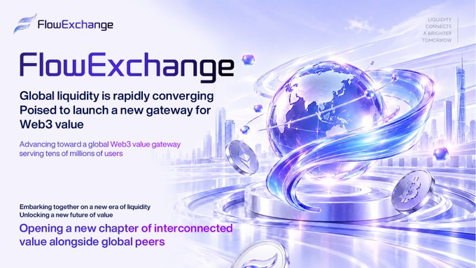 Futuristic blue and purple promotional graphic for 'FlowExchange' advertising global liquidity convergence and a new Web3 value gateway.