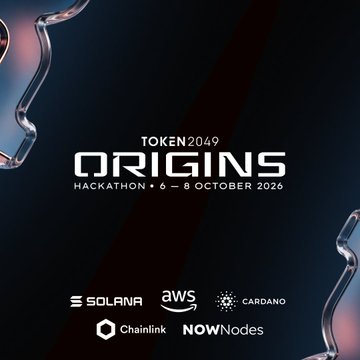 Promotional graphic for 'TOKEN2049 ORIGINS HACKATHON • 6 - 8 OCTOBER 2026' featuring logos for sponsors Solana, AWS, Cardano, Chainlink, and NOWNodes.