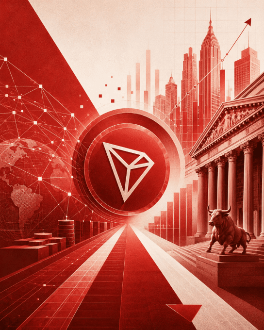 A stylized red and white illustration featuring the Tron cryptocurrency logo centered against a backdrop of skyscrapers, classical architecture, a bull statue, and an upward-pointing arrow.