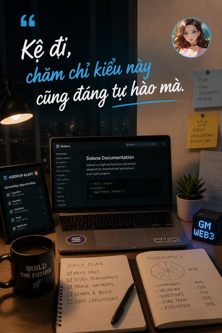 The image shows a cozy desk setup with a laptop displaying Solana documentation, a tablet listing upcoming airdrops, a notebook with a daily plan (read docs, study tokenomics, track airdrops, learn & build, stay consistent) and tokenomics breakdown (community 40%, treasury 20%, investors, core team, ecosystem), and a "GM WEB3" mug, capturing the workspace of someone grinding in web3. The Vietnamese caption humorously contrasts how being diligent in an office earned praise, while the same dedication in web3—reading docs, analyzing tokenomics, and tracking airdrops—is mistaken by family as "just playing on the phone," celebrating the freedom of this self-directed grind.