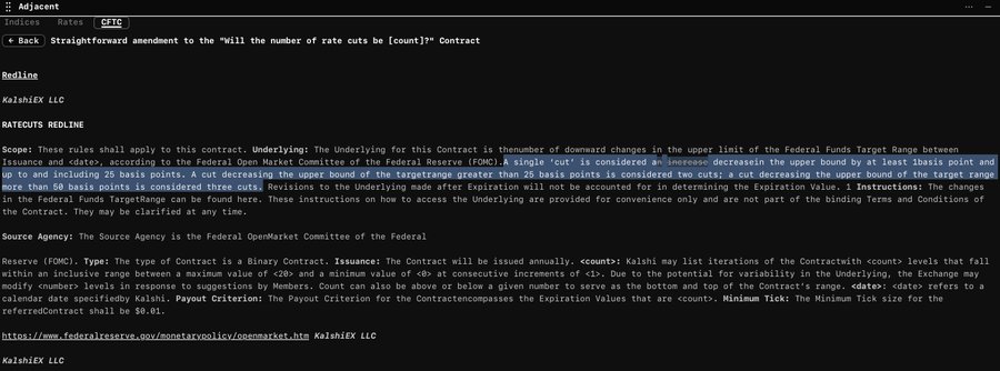 Screenshot of a KalshiIEX contract page titled 'Straightforward amendment to the "will the number of rate cuts be [count]?" Contract' with sections for 'RATECUTS MEDLINE' and detailed Scope rules about Federal Reserve rate changes.