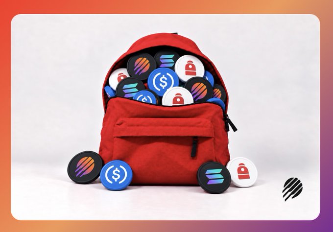 A red backpack is filled with and surrounded by cryptocurrency-themed tokens featuring Solana, USDC, and lock icons.