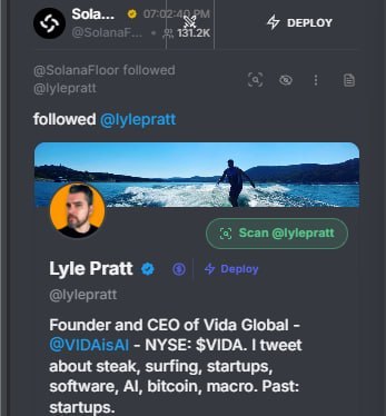 A screenshot of a tweet from "Sola..." showing that @SolanaFloor followed @lylepratt, whose profile identifies him as "Founder and CEO of Vida Global - @VIDAiAI - NYSE: $VIDA." The post is paired with the caption "wow Solana foundation just followed The Ceo of $VIDA," highlighting the notable follow.