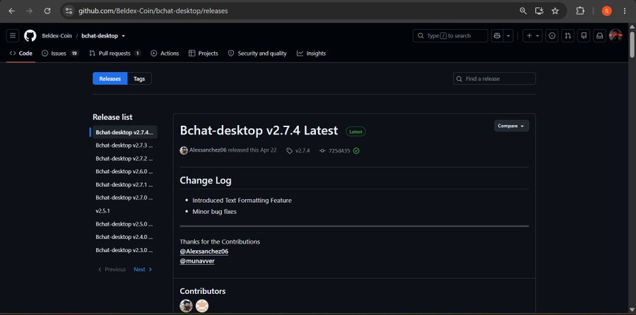 A GitHub releases page for Bchat-desktop v2.7.4 shows release notes including 'Introduced Text Formatting Feature' and 'Minor bug fixes' from Beldex-Coin, contributed by @Alexanchez06 and @munaver.