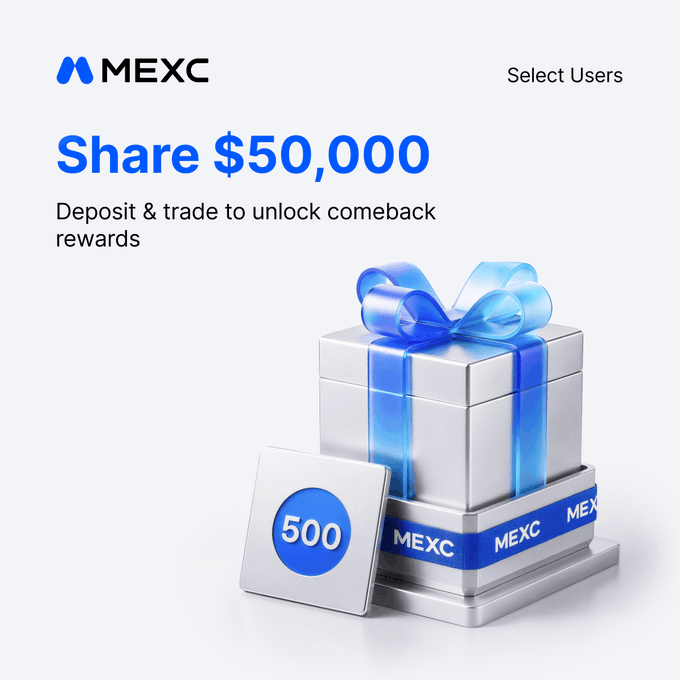 A MEXC promotional image featuring a gift box with a blue ribbon and a card displaying "500," promoting a "Share $50,000" campaign offering deposit and trade rewards. The post invites users to claim up to 10% fee cashback and up to $50,000 in Stock Futures position airdrops for "Select Users."