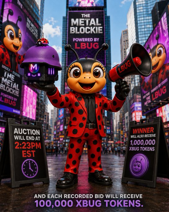 A promotional poster features a cartoon ladybug character in a red suit holding a megaphone and a 'Metal Blockie' device, advertising 'THE METAL BLOCKIE' auction ending at 2:23PM EST, with the winner receiving 1,000,000 XBUG tokens and each bid receiving 100,000 XBUG tokens.