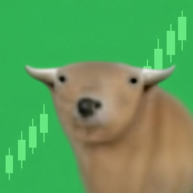 A meme image featuring a close-up of a Shiba Inu (Doge) dog's face on a green background, overlaid with ascending green candlestick chart bars indicating bullish price movement.