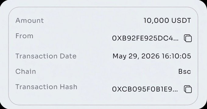 The image shows a white rectangular card with black text, which appears to be a transaction receipt or a form for transferring money. The text on the card includes details about the transaction, such as the amount of money being transferred (10,000 USDT) and the date of the transfer (May 29th). There are also two checks present in the image, one located at the top left corner and another at the bottom right corner.