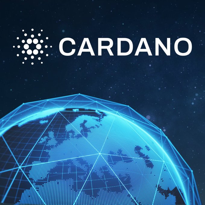 The image features the Cardano logo and name alongside a glowing blue digital globe with interconnected network lines, visually representing Cardano's global, energy-efficient blockchain network. This ties into the post's claim that Cardano ($ADA) is approximately 75,300x more energy efficient than Bitcoin, highlighting the eco-friendly advantage of its Ouroboros proof-of-stake consensus mechanism.