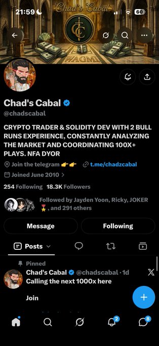 An X (Twitter) profile page for 'Chad's Cabal' (@chadscabal), describing a 'CRYPTO TRADER & SOLIDITY DEV' with 18.3K followers and a pinned post reading 'Calling the next 1000x here'.